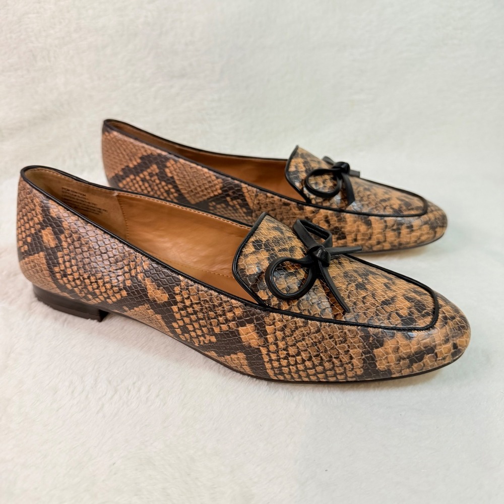 J.Crew Womens Snakeskin Print Bow Loafers Brown Black Flats Size 9.5 - Picture 2 of 9